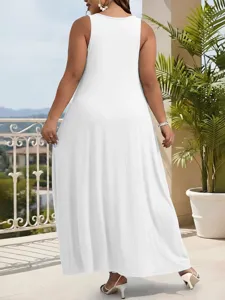 Plus size white sleeveless maxi dress detail, elegant solid color back view showcase for women.