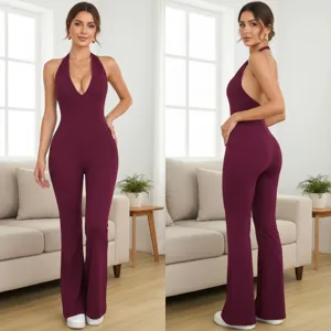 Burgundy halter deep V backless flared jumpsuit front and side view for women fitness wear