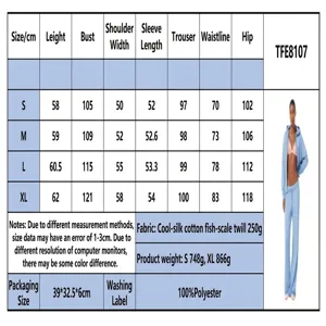 Detailed size chart for women casual tracksuit including precise measurements and fabric specs.