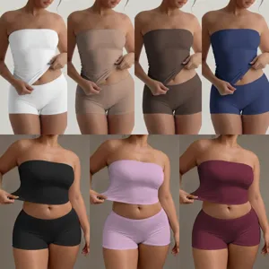 Women strapless tube top and shorts set summer slim fit sexy basic solid color apparel