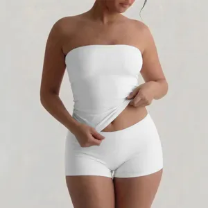 Women white strapless tube top and shorts set summer slim fit casual loungewear outfit