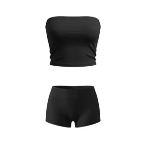 Women black strapless tube top and shorts two piece set summer casual slim fit outfit