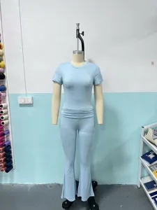 Women casual two piece set short sleeve top flare pants light blue Y2K outfit detail view