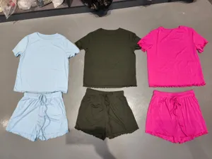 womens rib knit pajama set short sleeve and drawstring shorts product detail display