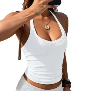 Women Y2K Summer Ribbed Halter Tank Top Sexy Slim Fit Backless Casual Chic Streetwear Tee