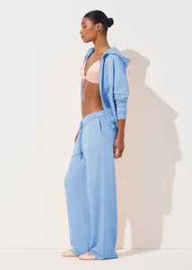 Detailed side view of light blue ribbed zip hoodie and wide-leg lounge pants set.