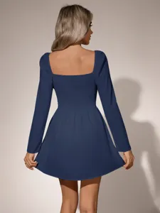 Vestido Mini Mujer Manga Larga Cuello Cuadrado Nido De Abeja Casual Elegante Fiesta