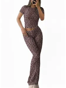 Leopard print two piece crop top and flared pants detail view, casual Y2K style apparel.
