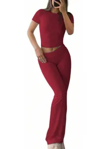 Women casual 2 piece set short sleeve crop top flare pants Y2K solid red lounge outfit