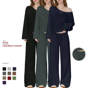 Women casual off shoulder long sleeve top and wide leg pants lounge set two piece outfit