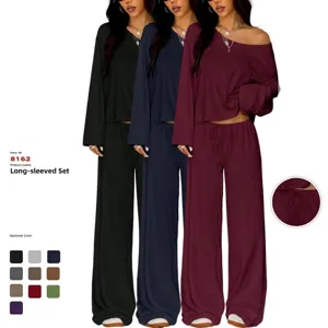 Women off-shoulder long sleeve top wide leg pants lounge set casual two piece outfit