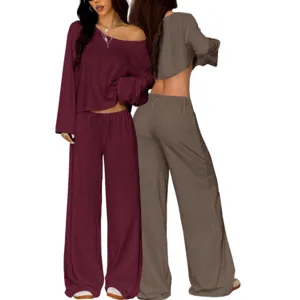 Women off-shoulder long sleeve top and wide leg pants casual two piece lounge set