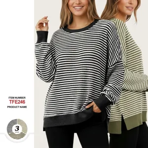 Γυναικείο Casual Crew Neck Striped Waffle Knit Long Sleeve Loose Pullover Sweatshirt Fthinoporo Himonas Vasiko Thermiko Top