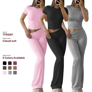 Women Casual Solid Color Slim Fit Short Sleeve Top And Flare Pants Two Piece Outfit Summer Fashion Daily Wear