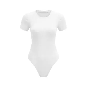 Body haut moulant extensible basique decontracte col rond manches courtes côtelé blanc femme.