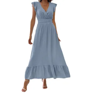 Elegante V-hals maxi jurk zomer rits mouw gesmokte taille lange jurk voor vrouwen