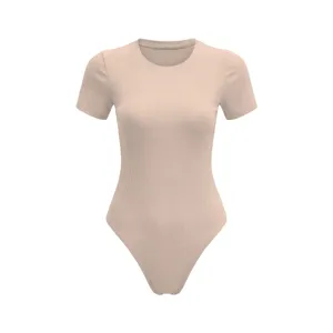Femme manches courtes col rond body côtelé nude basique extensible coupe slim été haut mode