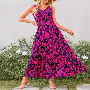 Vestido largo sin mangas con cuello en V y estampado floral, cintura elástica veraniega.