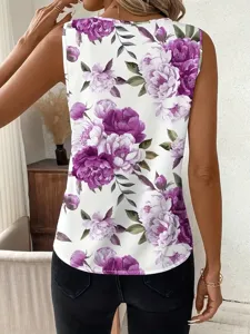 Dames mouwloze bloemen geprinte tanktop, casual zomer V-hals trui kleding detail.