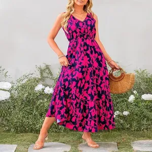 Vestido largo floral sin mangas con cuello en V para mujer, vestido escalonado casual.