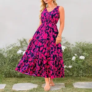 Vestido largo floral sin mangas con cuello en V, vestido de verano casual de cintura alta.