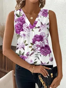 Dames V-Hals Mouwloos Bloemenprint Tanktop Casual Losse Zomer Blouse Shirt Top