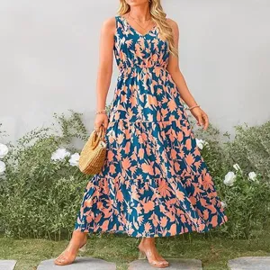 Vestido largo de verano sin mangas con cuello en V y estampado floral para mujer casual