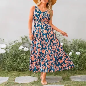 Vestido largo floral sin mangas casual cuello en V escalonado verano playa para mujer
