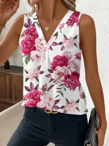Dames V-Hals Bloemen Print Mouwloos Tanktop Casual Zomer Losse Blouse Shirt Elegante