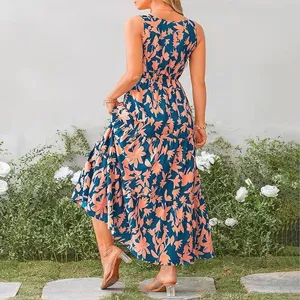Detalles del vestido largo floral sin mangas, cuello V, cintura elástica, vestido casual.