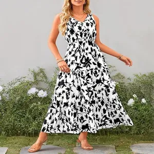 Vestido largo sin mangas con cuello en V y estampado floral, vestido casual elegante.