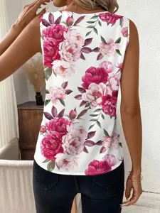 Mouwloze top met bloemenprint en v-hals voor dames, elegante stijlvolle zomerse blouse.