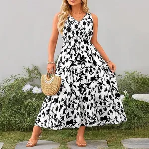 Precioso vestido largo floral en blanco y negro, cuello en V y sin mangas para verano.