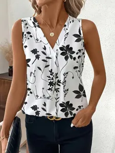 Stijlvolle dames v-hals bloemenprint mouwloze tanktop voor casual zomerkleding.