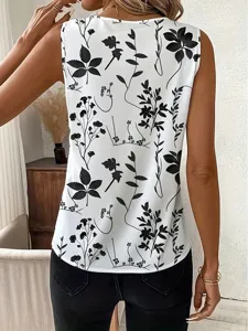 Gedetailleerd overzicht van casual dames mouwloze top met elegante zwarte bloemenprint.