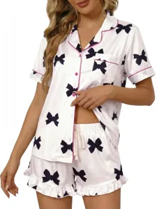 Donna Pigiama corto stampa fiocco set elegante abbigliamento da notte morbido estate nuovo