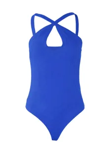 Blue ribbed halter neck bodysuit, sexy low-cut slim-fit sleeveless layering top detail.