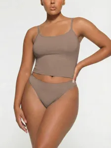 Solid brown camisole and briefs set, soft fabric, comfortable daily wear detail.