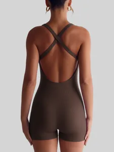 Women summer ribbed backless athletic romper jumpsuit in dark brown, fitness activewear back view.