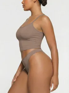 Close-up detail view of the brown sleeveless crop top and matching underwear set.