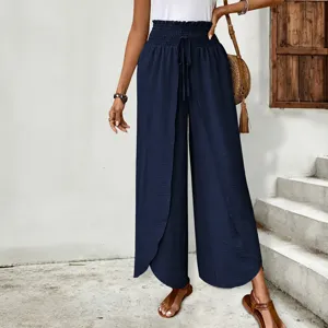 Women's Elegant High Waist Wide Leg Pants Casual Loose Double Layer Split Long Trousers All-Season Versatile Skirt Pants