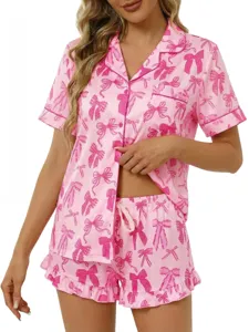 Set pigiama corto rosa da donna con stampa fiocco carina, abbigliamento notte comodo.