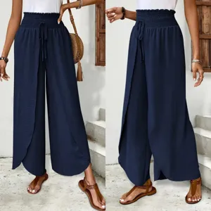Women high waist split wide leg pants elegant casual solid color long trousers summer fashion