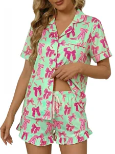 Donne simpatico set pigiama manica corta stampa fiocco rosa top risvolto pantaloncini