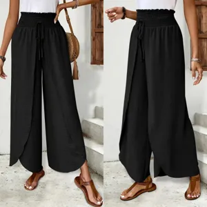 Women high waist split wide leg pants casual elastic smocked trousers black chic streetwear