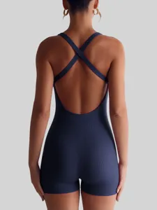 Women Ribbed Cross Back Jumpsuit Summer Casual Active Romper Bodycon Fitness Shorts