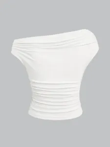 Bellissimo top corto a costine bianco monospalla da donna, maglia estiva slim fit elegante.