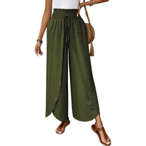 High waisted wide leg split pants for women, stylish casual flowy trousers with elastic smocked waist.