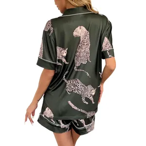Silk satin leopard print pajama set for women, featuring short sleeve top and matching shorts.