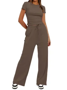 Ensemble deux pièces décontracté marron uni haut manches courtes pantalon large femme